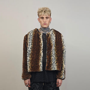 Animal print collarless coat brown short leopard jacket cheetah trench faux fur detachable sleeves spot pattern festival overcoat fleece
