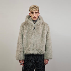 Gray faux fur jacket shaggy cropped bomber short going out coat fuzzy grunge detachable sleeves handmade luxury festival overcoat fleece