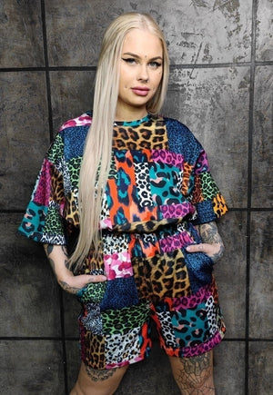 Leopard shorts handmade animal print overalls in blue brown