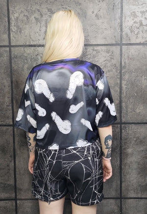 Spider web print shorts handmade Gothic overalls in black