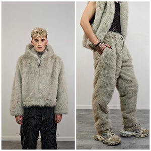 Gray faux fur joggers ski pants shaggy trousers mountain trip bottoms fuzzy winter festival overalls rave fit jumpsuit carnival fleece set