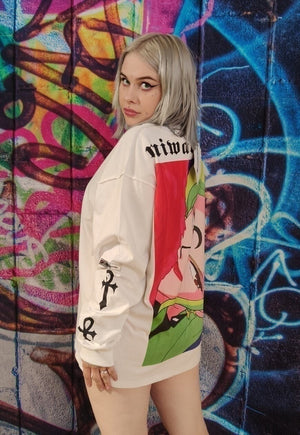 Anime print jumper Kawaii girl long tee Y2K top in white