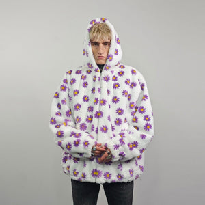 Floral fleece jacket white daisy print bomber fluffy sunflower pullover handmade rave festival overcoat grunge fuzzy hoodie