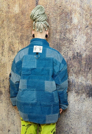Reworked denim patch bomber jean puffer jacket in blue check
