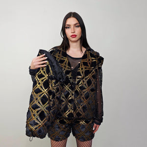Cropped going out coat black gold glitter trench shiny embellished fleece jacket detachable sleeves handmade party overcoat festival set
