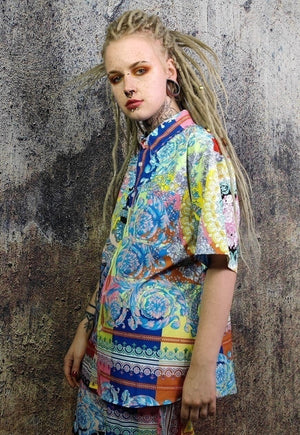 Fluorescent flower shirt rose print short sleeve top yellow