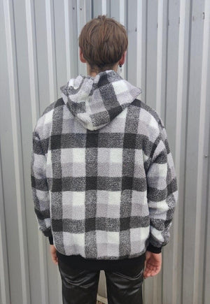 Tartan fleece hoodie fluffy check pullover in grey SKA print