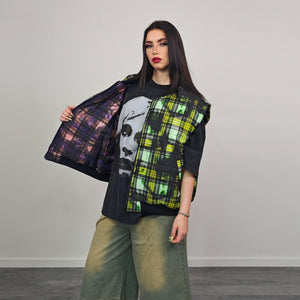 Tie-dye check bomber green brat jacket raver reversible college varsity detachable sleeves handmade plaid puffer grunge punk rocker coat