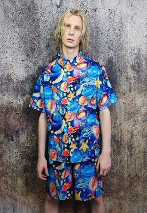 Space shorts night sky print crop board overalls in blue