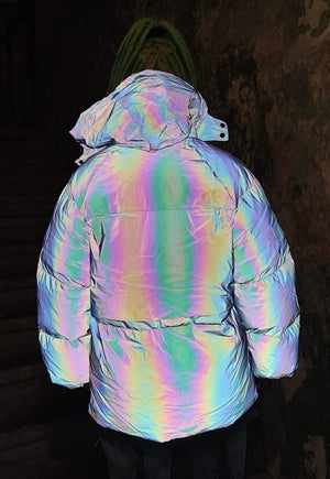 Reflective winter bomber luminous puffer jacket in grey