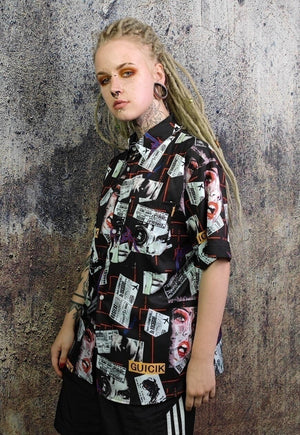 Pop culture shirt short sleeve magazine graffiti top black