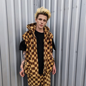 Checked fleece jacket brown hooded geometric bomber plaid grunge coat detachable sleeves handmade check pattern overcoat fuzzy festival set