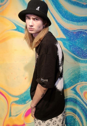 I-girl print tee distressed top paint splatter t-shirt black