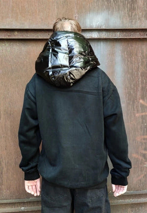 Technical padded hoodie velvet look rave hooded jumper black