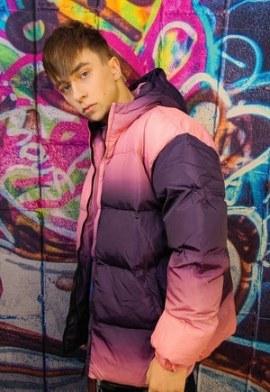 Tie-dye bomber gradient puffer jacket in faded purple pink