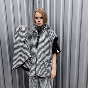 Geometric fleece jacket hooded fluffy bomber luxury striped coat detachable sleeves handmade removable sleeves overcoat fuzzy festival set