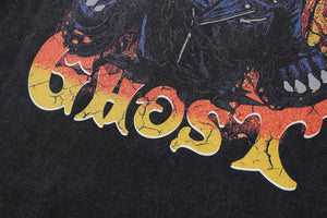 Biker t-shirt ghost slogan tee skeleton print top in vintage grey