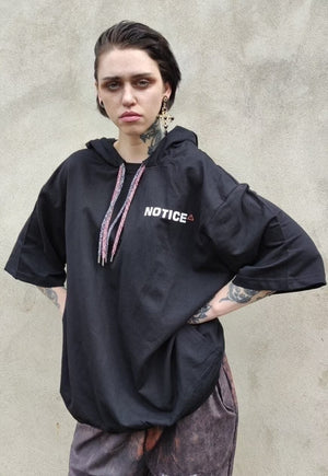 Half sleeve oversized hoodie double lace pullover in black