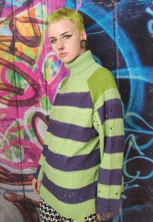 Ripped stripe sweater Zigzag jumper in acid green and purple