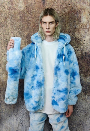 Fleece headband luxury fluffy head cover in tie-dye blue