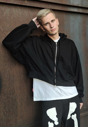 Cropped baggy hoodie two sided zip finish wide hooded top