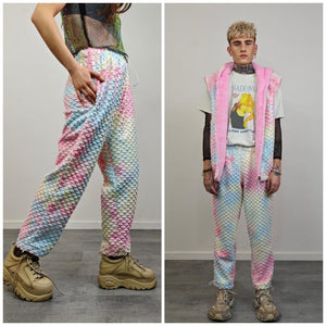 Tie-dye mermaid jacket blue pink reversible fleece hood faux fur bomber retro geometric coat burning man overcoat fluffy golden festival set