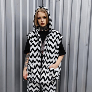 Zigzag fleece jacket hooded geometric bomber luxury grunge coat detachable sleeves handmade stripe pattern overcoat fuzzy festival set white