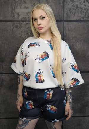 Retro shorts handmade alien cartoon overalls in black