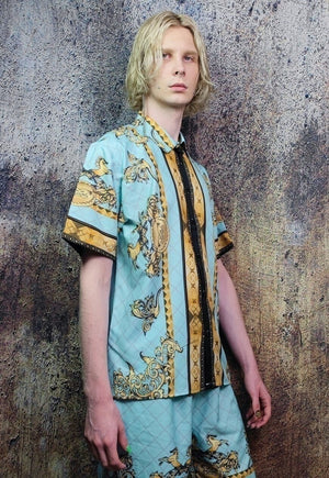 Baroque shirt golden flowers print short sleeve top in blue