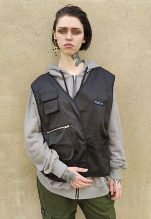 2 in 1 Drop shoulder hoodie utility cargo vest set in grey