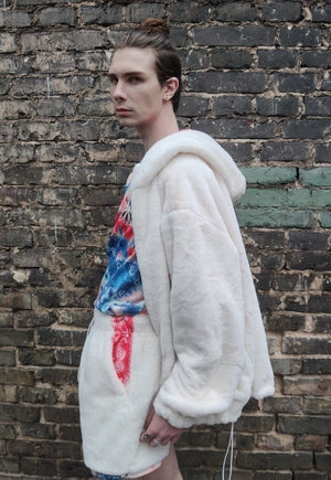 Soft fleece shorts handmade fluff cropped overalls in cream