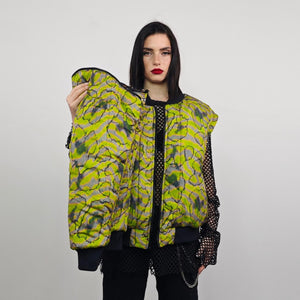 Psychedelic bomber animal print jacket green reversible tropical college varsity detachable sleeves handmade rave puffer festival neon coat