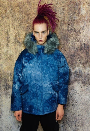 Gradient space print parka tie-dye print bomber coat in blue