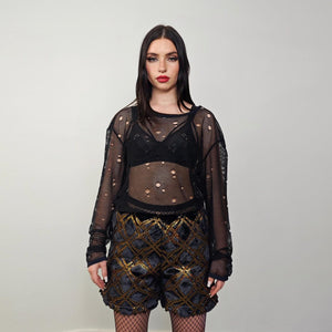 Glitter shorts black gold going out shiny embellished cropped trousers detachable handmade short festival trousers luminous hotpants