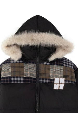 Patchwork parka jacket black furry collar hooded bomber