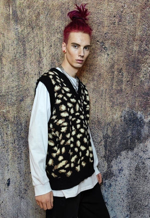 Leopard print sleeveless sweater animal print cardigan black