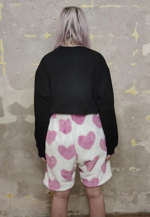 Heart fleece shorts handmade cropped love overalls in pink