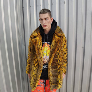 Luxury faux fur snake coat python print bomber handmade fluffy crocodile jacket fleece puffer premium grunge snake skin trench in yellow