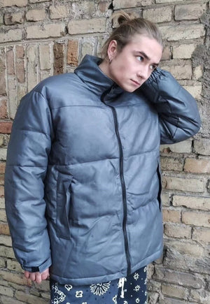 Faux leather quilted bomber PU padded puffer jacket in blue