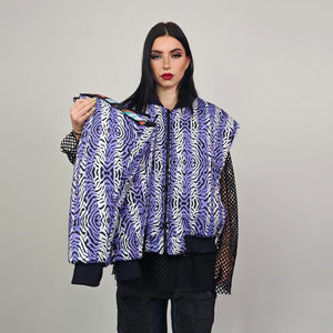 Zebra jacket blue white animal print bomber reversible striped college varsity detachable sleeves handmade rave puffer grunge festival coat