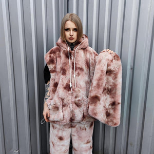 Tie-dye fleece jacket brown hooded gradient bomber luxury fluffy coat detachable sleeves handmade abstract overcoat fuzzy festival set