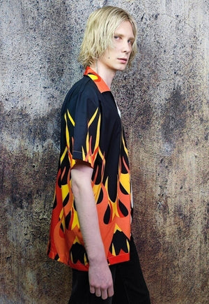 Racer shirt flame print short sleeve top in white red