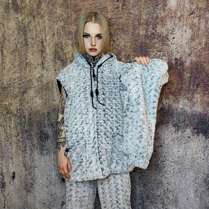 Fluffy fleece jacket hooded geometric bomber luxury grunge coat detachable sleeves handmade rose pattern overcoat fuzzy festival set grey