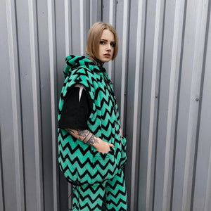 Zigzag fleece jacket green hooded geometric bomber luxury grunge coat detachable sleeves handmade stripe pattern overcoat fuzzy festival set