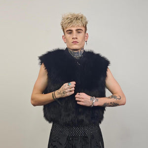 Black faux fur bomber short fluffy college bomber cropped varsity jacket gothic coat fluffy detachable sleeves festival overcoat rave fleece