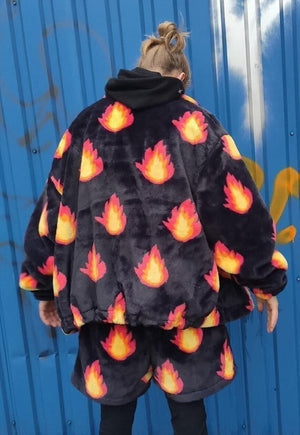 Flame fleece jacket handmade fire bolt bomber in black