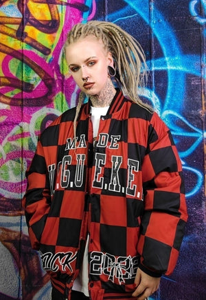 Vogue bomber jacket Chess puffer checkerboard coat in red