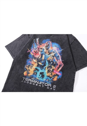 Robot print t-shirt Terminator tee 90s movie top in grey