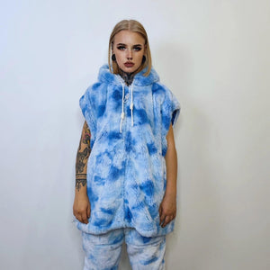 Blue tie-dye fleece jacket hooded gradient bomber luxury fluffy rave coat detachable sleeves handmade abstract overcoat fuzzy festival set