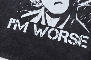 Anime t-shirt monster slogan tee y2k Japanese cartoon top in vintage grey